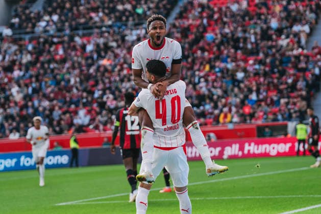 20.09.2026, xjmrgnx, Fussball 1.Bundesliga, Bayer 04 Leverkusen - RB Leipzig v.l. Christopher Nkunku (28, Leipzig) bejubelt seinen aberkannten Treffer zum 1:0 mit Romulo (40, Leipzig) (DFL DFB REGULATIONS PROHIBIT ANY USE OF PHOTOGRAPHS as IMAGE SEQUENCES and or QUASI-VIDEO) Leverkusen