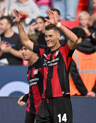 Jubel Patrik Schick r. (Bayer Leverkusen) nach seinem Tor zum 1:0, l. Afonso Moreira (Bayer Leverkusen). Fussball 1. Bundesliga, 4.Spieltag, Bayer 04 Leverkusen - RB Leipzig, am 20.09.2026 in Leverkusen Deutschland. DFL regulations prohibit any use of photographs as image sequences and or quasi-video Ã‚Â