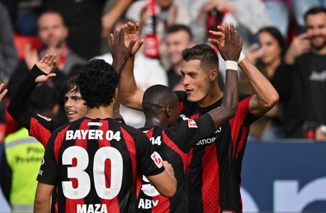 Jubel Patrik Schick r. (Bayer Leverkusen) nach seinem Tor zum 1:0, (l-r) Afonso Moreira (Bayer Leverkusen), Ibrahim Maza (Bayer Leverkusen), Moussa Diaby (Bayer Leverkusen), Fussball 1. Bundesliga, 4.Spieltag, Bayer 04 Leverkusen - RB Leipzig, am 20.09.2026 in Leverkusen Deutschland. DFL regulations prohibit any use of photographs as image sequences and or quasi-video Ã‚Â