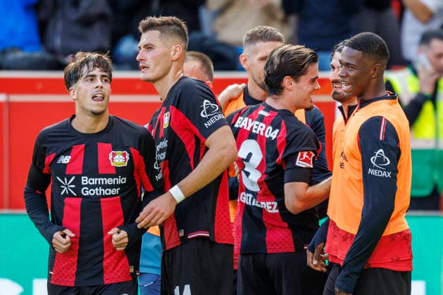 LEVERKUSEN, GERMANY - SEPTEMBER 20, 2026: Miguel Gutiérrez (Bayer 04 Leverkusen, 3) celebrates his goal—making it 2–0 together with his teammates during the German Bundesliga match on gameday 4 between Bayer 04 Leverkusen vs. RB Leipzig at BayArena on September 20, 2026 in Leverkusen, Germany. DFL REGULATIONS PROHIBIT ANY USE OF PHOTOGRAPHS AS IMAGE SEQUENCES AND OR QUASI-VIDEO. Northrhine-Westphalia Germany Copyright: xAxelxKohringx