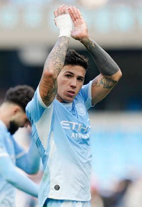 Manchester, England, 20th September 2026. Enzo Fernandez of Manchester City claps the fans during the Manchester City vs Sunderland Premier League match at the Etihad Stadium, Manchester. Picture credit should read: Andrew Yates Sportimage EDITORIAL USE ONLY. No use with unauthorised audio, video, data, fixture lists, club league logos or live services. Online in-match use limited to 120 images, no video emulation. No use in betting, games or single club league player publications. SPI_086_AY_ManCity_Sunderland SPI-5012-0086