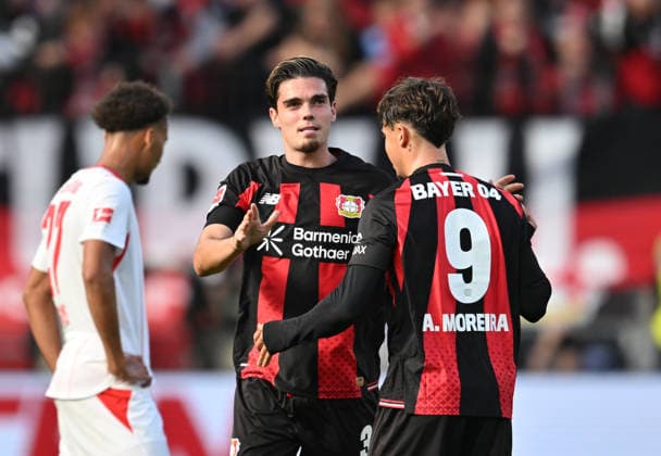 Jubel Miguel Gutierrez l. (Bayer Leverkusen) nach seinem Tor zum 2:0, r. Afonso Moreira (Bayer Leverkusen). Fussball 1. Bundesliga, 4.Spieltag, Bayer 04 Leverkusen - RB Leipzig, am 20.09.2026 in Leverkusen Deutschland. DFL regulations prohibit any use of photographs as image sequences and or quasi-video Ã‚Â