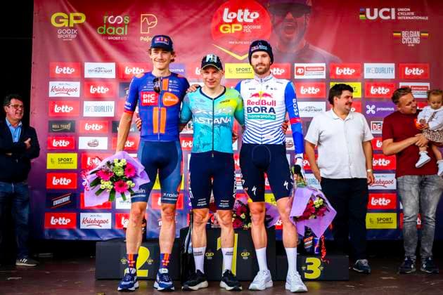 Gooikse Pijl 2026 Cycling Race GOOIK, BELGIUM - SEPTEMBER 20 : Biesterbos Frits (NED) of Team Picnic PostNL second place, Kanter Max (GER) of XDS Astana Team first place and Meeus Jordi (BEL) of Red Bull BORA Hansgrohe third place pictured during the 23th edition of the Gooikse Pijl one day cycling road race for Men Elite of 199 km with start in Roosdaal and finish in Gooik on September 20, 2026 in Gooik, Belgium, 20 09 2026 Gooik Belgium  Copyright: xXpix