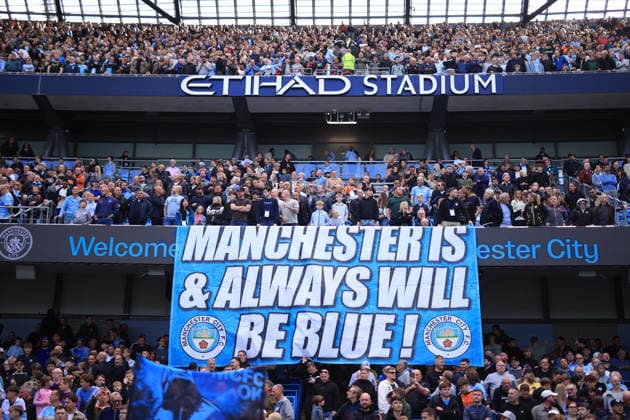 Manchester City v Sunderland 20th September 2026 - Premier League - Manchester City v Sunderland - Manchester City fans unfurl a banner declaring Manchester Is & Always Will Be Blue! before the match - Photo: Simon Stacpoole Offside. Manchester UK Copyright: xSimonxStacpoolexOffside