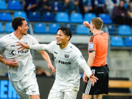 20.09.2026, xwppx, Fussball 3.Liga, SV Waldhof Mannheim - Preußen Münster v.l. Montell Ndikom (Preußen Münster) jubelt zu früh