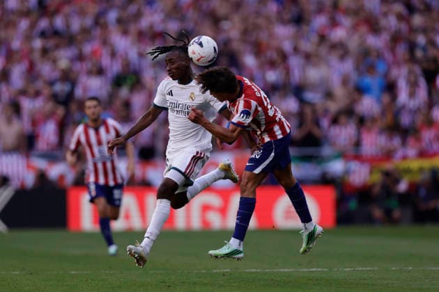 RECORD DATE NOT STATED Yan Diomande (Real Madrid CF) and Giuliano Simeone (Atletico de Madrid) battle for the ball during the LaLiga EA Sports match between Club AtlÃ tico de Madrid and Real Madrid CF at Riyadh Air Metropolitano on September 20, 2026 in Madrid, Spain. (Photo by Manu Reino DeFodi Images) -