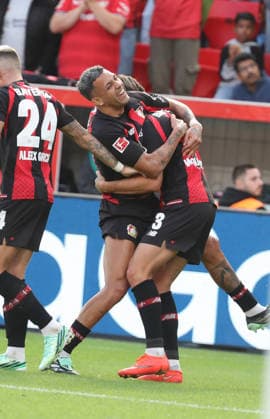 20.09.2026; Fussball; GER; Saison 2026 2027 ; 1.Bundesliga; 4.Spieltag. : Bayer 04 Leverkusen --- RB Leipzig : Freude pure mit dem Torschützen Miguel Gutierrez Ortega (3 B04). DFL REGULATIONS PROHIBIT ANY USE OF PHOTOGRAPHS AS IMAGE SEQENCES AND OR QUASI-VIDEO. 1.Fussball-Bundesliga : 20.09.2026 Fussball; GER; Saison 2026 2027 ; 1.Bundesliga; 4. Spieltag. Bayer 04 Leverkusen--RB Leipzig :