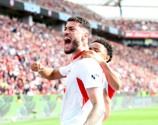 20.09.2026; Fussball; GER; Saison 2026 2027 ; 1.Bundesliga; 4.Spieltag. : Bayer 04 Leverkusen --- RB Leipzig : Zu früh gefreut bei Romulo (40 RBL) und dem Torschützen Christopher Nkunku (28 RBL). Das Tor wurde nicht gegeben. DFL REGULATIONS PROHIBIT ANY USE OF PHOTOGRAPHS AS IMAGE SEQENCES AND OR QUASI-VIDEO. 1.Fussball-Bundesliga : 20.09.2026 Fussball; GER; Saison 2026 2027 ; 1.Bundesliga; 4. Spieltag. Bayer 04 Leverkusen--RB Leipzig :