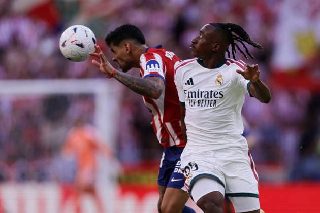 Yan Diomande (Real Madrid CF) and Cristian Romero (Atletico de Madrid) battle for the ball during the LaLiga EA Sports match between Club AtlÃ tico de Madrid and Real Madrid CF at Riyadh Air Metropolitano on September 20, 2026 in Madrid, Spain. (Photo by Manu Reino DeFodi Images) -