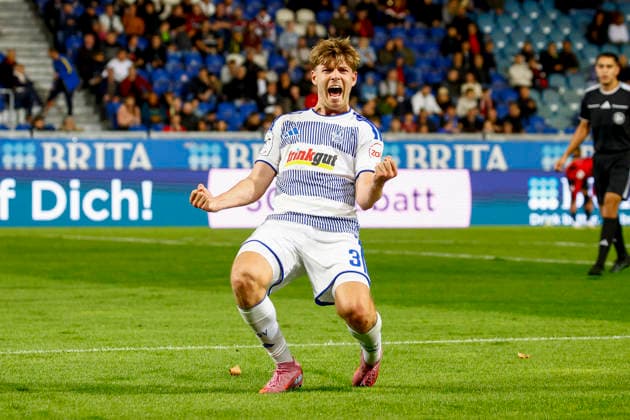 20.09.2026, xavx, Fussball 3.Liga, SV Wehen Wiesbaden - MSV Duisburg v.l. Frederik Christensen (MSV Duisburg) celebrate the goal, Der Torjubel zum 0:3 Wiesbaden