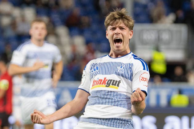 Deutschland: Fußball 3. Liga 2026 2027, 7. Spieltag - SV Wehen Wiesbaden vs MSV Duisburg - Brita-Arena (Wiesbaden): Tor und Torjubel zum 0:3 durch Frederik Christensen (MSV, 3) Copyright: xTobiasxWentzellx