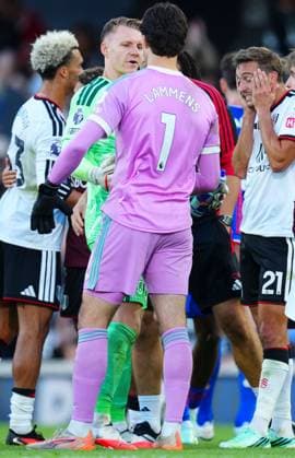 Fulham goalkeeper Bernd Leno and Manchester United, ManU goalkeeper Senne Lammens talk at full time Fulham v Manchester United, Premier League, Football, Craven Cottage, London, UK - 20 Sep 2026London Craven Cottage United Kingdom EDITORIAL USE ONLY No use with unauthorised audio, video, data, fixture lists, club league logos or live services. Online in-match use limited to 120 images, no video emulation. No use in betting, games or single club league player publications. Copyright: xJavierxGarcia Shutterstockx 17160117ay