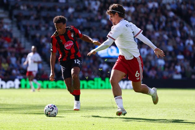 Bournemouth, England, 20th September 2026. Tyler Adams of AFC Bournemouth and Milos Kerkez of Liverpool challenge for the ball during the AFC Bournemouth vs Liverpool Premier League match at the Vitality Stadium, Bournemouth. Picture credit should read: Paul Terry Sportimage EDITORIAL USE ONLY. No use with unauthorised audio, video, data, fixture lists, club league logos or live services. Online in-match use limited to 120 images, no video emulation. No use in betting, games or single club league player publications. SPI_124_PT_Bournemouth_Liverpool SPI-5013-0124