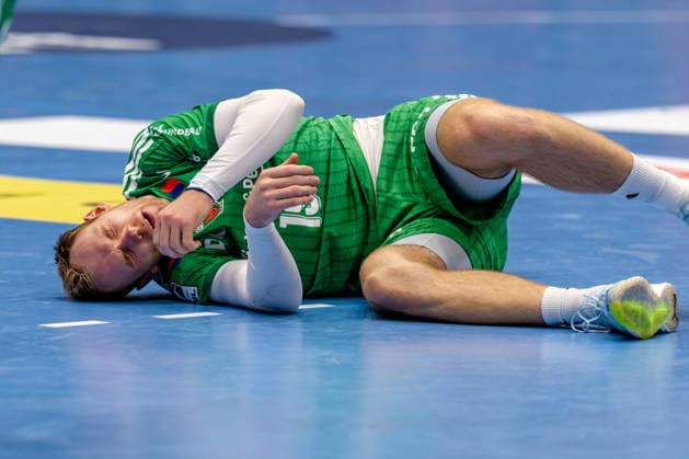 Düsseldorf, 20.09.2026, Handball, Herren, Opel Bundesliga, 5. Spieltag, 2026 2027: Bergische HC Füchse Berlin Mathias Gidsel (Füchse Berlin, 19) liegt mit schmerzverzerrten Gesicht am Boden