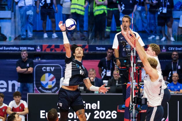 September 20, 2026, Turin, Italy: Alexandros Raptis of Greece seen in action during the Final Eight of the CEV Enel EuroVolley 2026 Men s match between Finland and Greece at PalaVela. Finland wins against Greece with a score 3-2. Finland Vs Greece In Turin, Italy - 20 Sep 2026  - ZUMAs197 20260920_aaa_s197_635 Copyright: xDavidexDixLallax