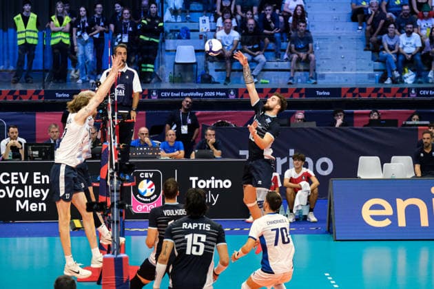 September 20, 2026, Turin, Italy: Angelos Markou of Greece seen in action during the Final Eight of the CEV Enel EuroVolley 2026 Men s match between Finland and Greece at PalaVela. Finland wins against Greece with a score 3-2. Finland Vs Greece In Turin, Italy - 20 Sep 2026  - ZUMAs197 20260920_aaa_s197_642 Copyright: xDavidexDixLallax