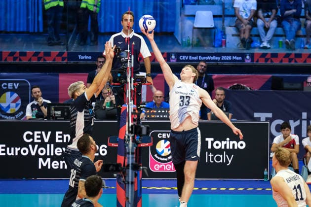 September 20, 2026, Turin, Italy: Fedor Ivanov of Finland (R) seen in action during the Final Eight of the CEV Enel EuroVolley 2026 Men s match between Finland and Greece at PalaVela. Finland wins against Greece with a score 3-2. Turin Italy - ZUMAs197 20260920_aaa_s197_648 Copyright: xDavidexDixLallax