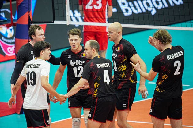Belgium players celebrate during the eight final match of the CEV Enel Eurovolley 2026, between Belgium and Czechia, at the Palavela in Turin, north west Italy - Monday, September 21, 2026. .  Copyright: xMarcoxAlpozzi LaPressex