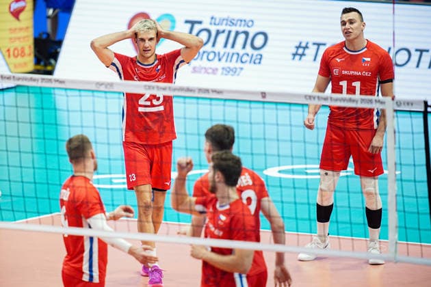 Czechia s Patrik Indra reacts during the eight final match of the CEV Enel Eurovolley 2026, between Belgium and Czechia, at the Palavela in Turin, north west Italy - Monday, September 21, 2026. .  Copyright: xMarcoxAlpozzi LaPressex