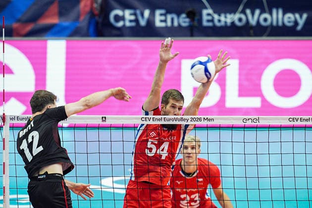 Belgium s Seppe Rotty and Czechia s Adam Zajicek in action during the eight final match of the CEV Enel Eurovolley 2026, between Belgium and Czechia, at the Palavela in Turin, north west Italy - Monday, September 21, 2026. .  Copyright: xMarcoxAlpozzi LaPressex