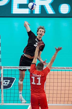 Belgium s Ferre Reggers in action during the eight final match of the CEV Enel Eurovolley 2026, between Belgium and Czechia, at the Palavela in Turin, north west Italy - Monday, September 21, 2026. .  Copyright: xMarcoxAlpozzi LaPressex