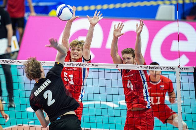 Belgium s Ferre Reggers and Czechia s Jakub Klajmon, Czechia s Matous Drahonovsky in action during the eight final match of the CEV Enel Eurovolley 2026, between Belgium and Czechia, at the Palavela in Turin, north west Italy - Monday, September 21, 2026. .  Copyright: xMarcoxAlpozzi LaPressex