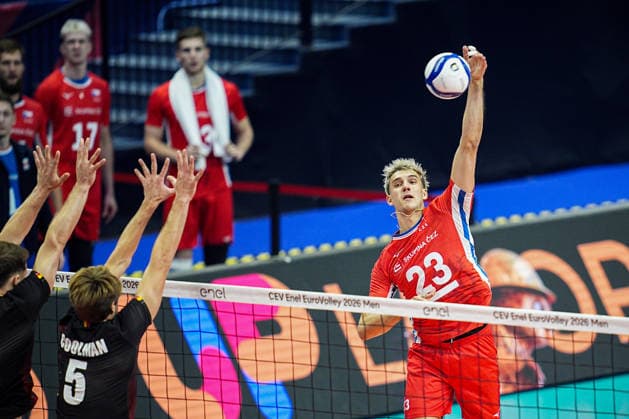 Czechia s Patrik Indra in action during the eight final match of the CEV Enel Eurovolley 2026, between Belgium and Czechia, at the Palavela in Turin, north west Italy - Monday, September 21, 2026. .  Copyright: xMarcoxAlpozzi LaPressex