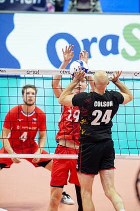 Czechia s Antonin Klimes and Belgium s Martijn Colson in action during the eight final match of the CEV Enel Eurovolley 2026, between Belgium and Czechia, at the Palavela in Turin, north west Italy - Monday, September 21, 2026. .  Copyright: xMarcoxAlpozzi LaPressex