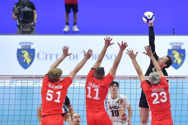 VOLLEYBALL - CEV Eurovolley Men - Belgium vs. Czechia Photo by IPA ABACAPRESS.COM88814662 - Turin, Italy, September 21, 2026, Palavela Turin, CEV Eurovolley Men 2026, Round of 16: Jakub Klajmon 51 (CZE), Lukas Vasina 11 (CZE) Indra Patrik 23 (CZE) in action during the CEV Eurovolley Men 2026 match between Belgium and the Czech Republic (3–1) in Turin at Palavela Turin Italy  Copyright: xIPAxSport ABACAx