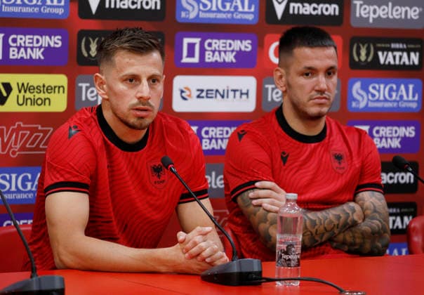 UEFA Nations League Qualifier in Tirana, Albania. Ylber Ramadani (L) and Rey Manaj (R) attend a press conference, PK, Pressekonferenz in Tirana on September 21, 2026, on the eve of the UEFA Nations League football matches against Belarus and San Marino. Light Studio Agency Malton Dibra Tirana Albania Copyright: xLightxStudioxAgencyx xMaltonxDibrax