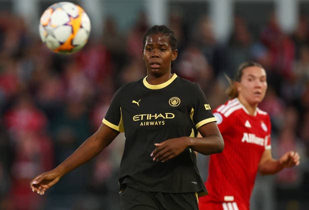 Football Women Uefa Champions League 2026 - 2027 Bayern Munchen vs Manchster City Shaw Khadija of Manchester City is seen with the ball during the Women Uefa Champions League 2026 - 2027 football match between Bayern Munchen and Manchester City at Sportpark Stadium in Unterhaching , Bayern , Germany . September 22th , 2026 Copyright: xDavidexEliasx