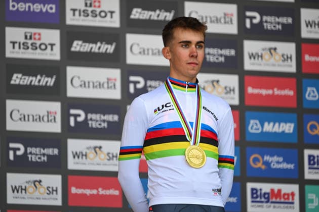 2026 UCI Road World Championships Picture by Zac Williams SWpix.com - 22 09 2026 - Cycling - 2026 UCI Road World Championships - MontrÃ al, Canada - Men Junior Individual Time Trial (ITT) Podium - Benjamin Noval (Spain) wins the Gold Medal to become World Champion Copyright: x xSWpix.comx(t axPhotographyxHubxLtd)xZacxWilliams SWpix.comx SWP-3521-1600