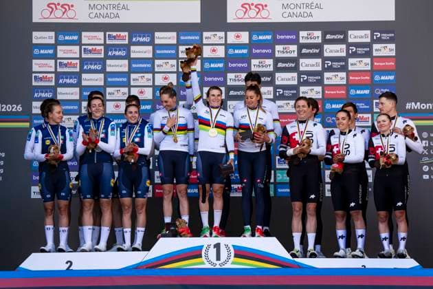 September 22, 2026, Montreal, Pq, CANADA: Gold medal winners from team Italy, silver medal winners from team France and bronze medal winners from team Switzerland celebrate their standing in the mixed relay time trials (ITT) at the UCI Road World Championships cycling event in Montreal, on Tuesday, Sept.. 22, 2026. Canada News - September 22, 2026  - ZUMAc35_ 20260922_zaf_c35_046 Copyright: xChristopherxKatsarovx