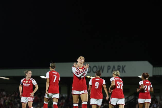 Arsenal v HB Koge Women 22 September 2026, Borehamwood - UEFA Women™s Champions League - Arsenal v HB Koge Women - Chloe Kelly of Arsenal celebrates scoring the opening goal before it is disallowed by VAR - Photo: Charlotte Wilson Offside. Borehamwood UK Copyright: xCharlottexWilsonx xOffsidexOffside