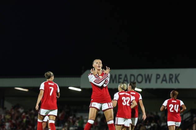 Arsenal v HB Koge Women 22 September 2026, Borehamwood - UEFA Women™s Champions League - Arsenal v HB Koge Women - Chloe Kelly of Arsenal celebrates scoring the opening goal before it is disallowed by VAR - Photo: Charlotte Wilson Offside. Borehamwood UK Copyright: xCharlottexWilsonx xOffsidexOffside