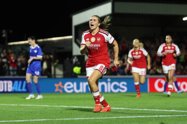 Arsenal v HB Koge Women 22 September 2026, Borehamwood - UEFA Women™s Champions League - Arsenal v HB Koge Women - Mariona Caldentey of Arsenal celebrates scoring the winning goal from the penalty spot - Photo: Charlotte Wilson Offside. Borehamwood UK Copyright: xCharlottexWilsonx xOffsidexOffside