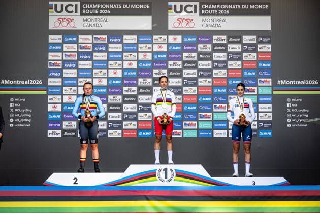 DECRUYENAERE Yana, OKRUCIÅƒSKA Maria, CLAY Aalia: UCI Road cycling, Rad, Radsport, Strasse World Championships - Montreal Canada 2026 DECRUYENAERE Yana ( BEL ) Belgium Second Place - OKRUCIÅƒSKA Maria ( POL ) Poland Winner - First Place - CLAY Aalia ( GBR ) Great Britain Third Place Award Ceremony Medal Ceremony Podium - Event Veranstaltung: UCI Road Cycling World Championships Montreal-Canada 2026 - Category Kategorie: Cycling - Road Cycling World Championships Elite Women U19 - Location Ort: North America - Canada - Quebec - Montreal - Start: Montreal - Finish: Montreal Individual Time Trail ( ITT ) - Distance: 10,7 km - Date Datum: 22.09.2026 Tuesday Day 3 -