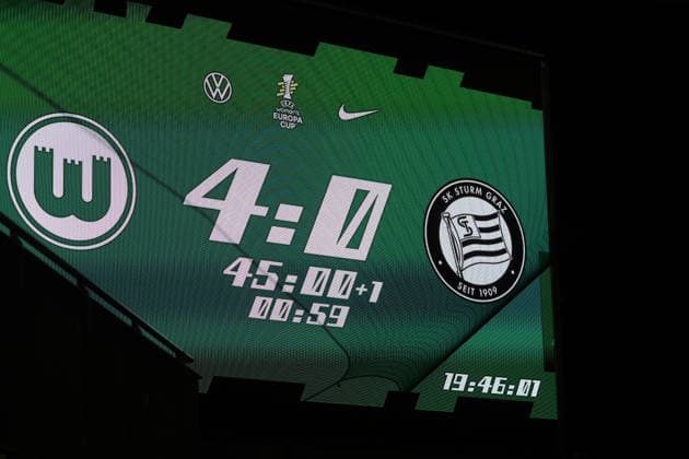 Halbzeit 4-0 Fussball, Frauen, Saison 2026 2027, UEFA, Womens Europa Cup Qualifikation, 2.Runde, AOK stadion Wolfsburg, VfL Wolfburg gegen Sturm Graz