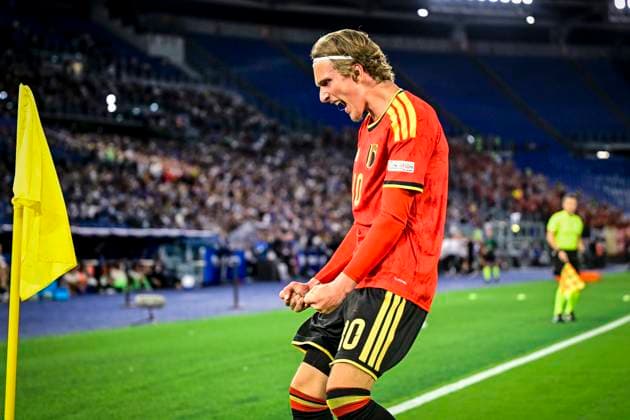Italy v Belgium - UEFA Nations League 2026 ROME, ITALY - SEPTEMBER 25 : Godts Mika forward of Belgium celebrates after scoring during the UEFA Nations League tournament league phase matchday 1 group A1 match between Italy and Belgium on September 25, 2026 in Rome, Italy, 25 09 2026 Rome Italy  Copyright: xJanxDexMeuleneirx