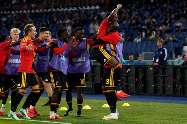 Dodi Lukebakio of Belgium celebrates with Romelu Lukaku of Belgium after scoring the goal of 0-2 during the Nations League football match between Italy and Belgium at Stadio Olimpico in Rome (Italy), September 25, 2026. antoniettaxbaldassarre