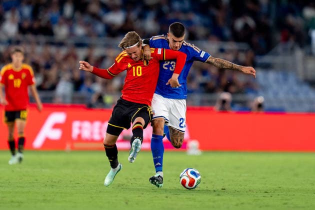 Italy v Belgium - UEFA Nations League 2026 27 Group A1 MD1 Mika Godts of Belgium and Gianluca Mancini of Italy compete for the ball during the UEFA Nations League 2026 27 Group A1 MD1 match between Italy and Blgium at Stadio Olimpico on September 25, 2026 in Rome, Italy Rome Olympic Stadium Rome Italy Copyright: xGiuseppexMaffiax 20260925_212952_NationsLeague_Italy-Belgium__LIA05432
