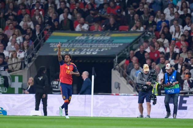 September 26, 2026, London, London, England: Lamine Yamal of Spain celebrates after scoring his team s first goal during the UEFA Nations League 2026 27 League Phase MD1 Group A3 match between England and Spain at Wembley Stadium on September 26, 2026, in London, England. England V Spain - UEFA Nations League 2026 27 League Phase MD1 Group A3  - ZUMAa181 20260926_zaa_a181_111 Copyright: xDennisxAgyemanx
