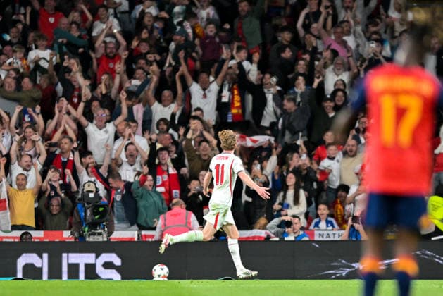 Anthony Gordon of England celebrates scoring England™s second goal during the Nations League match between England and Spain at Wembley Stadium, London, England on 26 September 2026. Copyright: xPhilxHutchinsonx 45460015