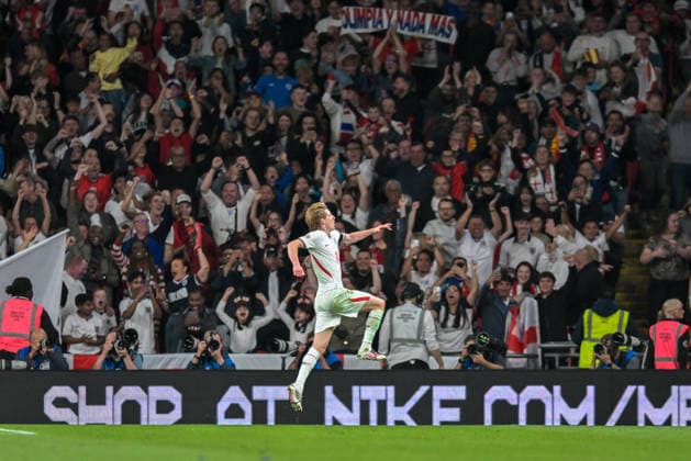Anthony Gordon of England celebrates scoring England™s second goal during the Nations League match between England and Spain at Wembley Stadium, London, England on 26 September 2026. Copyright: xPhilxHutchinsonx 45460016