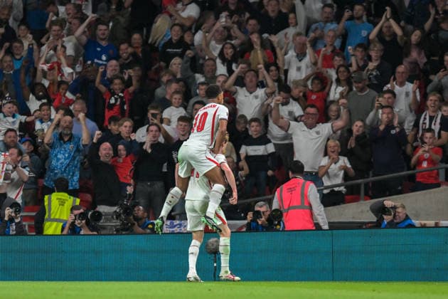 Anthony Gordon and Jude Bellingham of England celebrates scoring England™s second goal during the Nations League match between England and Spain at Wembley Stadium, London, England on 26 September 2026. Copyright: xPhilxHutchinsonx 45460017