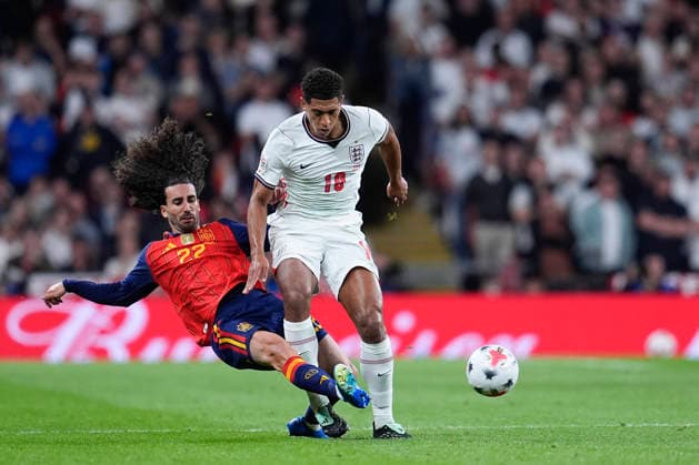 September 26, 2026, London, London, England: Marc Cucurella of Spain and Jude Bellingham of England compete for the ball during the UEFA Nations League 2026 27 League Phase MD1 Group A3 match between England and Spain at Wembley Stadium on September 26, 2026, in London, England. England V Spain - UEFA Nations League 2026 27 League Phase MD1 Group A3  - ZUMAa181 20260926_zaa_a181_145 Copyright: xDennisxAgyemanx