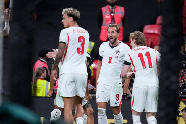 September 26, 2026, London, London, England: Harry Kane of England celebrates an own goal scored by Marc Cucurella of Spain during the UEFA Nations League 2026 27 League Phase MD1 Group A3 match between England and Spain at Wembley Stadium on September 26, 2026, in London, England. London England - ZUMAa181 20260926_zaa_a181_149 Copyright: xDennisxAgyemanx