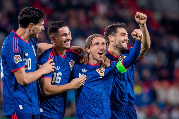 CZECHIA - CROATIA Luka Modric of Croatia and AC Milan celebrates a goal with Franjo Ivanovic of Croatia and RC Lens, Mateo Kovacic of Croatia and Manchester City, Igor Matanovic of Croatia and SC Freiburg during UEFA Nations League - League A - Group A3 - Matchday 1 - football match between Czechia and Croatia. Fortuna Arena, Eden, Stadion, Prague, Czechia September 26, 2026. Photo by Branislav Racko Copyright: xx 080A9638