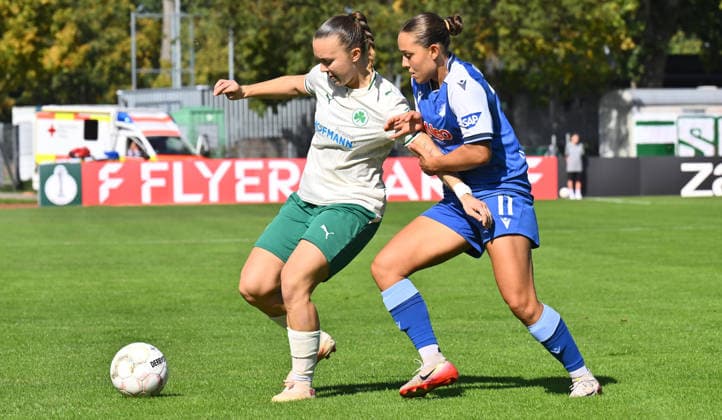 27.09.2026 - Fussball - Saison 2026 2027 - DFB Pokal Vereinspokal Frauen Damen - 01. Runde: SpVgg Greuther Fürth ( Kleeblatt ) - TSG 1899 Hoffenheim - Sportfoto Zink - xwoxzix - regulations prohibit any use of photographs as image sequences and or quasi-video - Annika Fend (19, SpVgg Greuther Fürth ) Linda Mathilde Natter (11, TSG Hoffenheim )