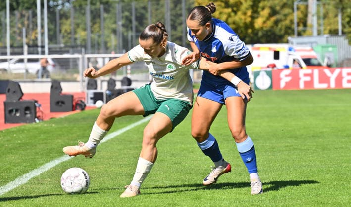 27.09.2026 - Fussball - Saison 2026 2027 - DFB Pokal Vereinspokal Frauen Damen - 01. Runde: SpVgg Greuther Fürth ( Kleeblatt ) - TSG 1899 Hoffenheim - Sportfoto Zink - xwoxzix - regulations prohibit any use of photographs as image sequences and or quasi-video - Annika Fend (19, SpVgg Greuther Fürth ) Linda Mathilde Natter (11, TSG Hoffenheim )